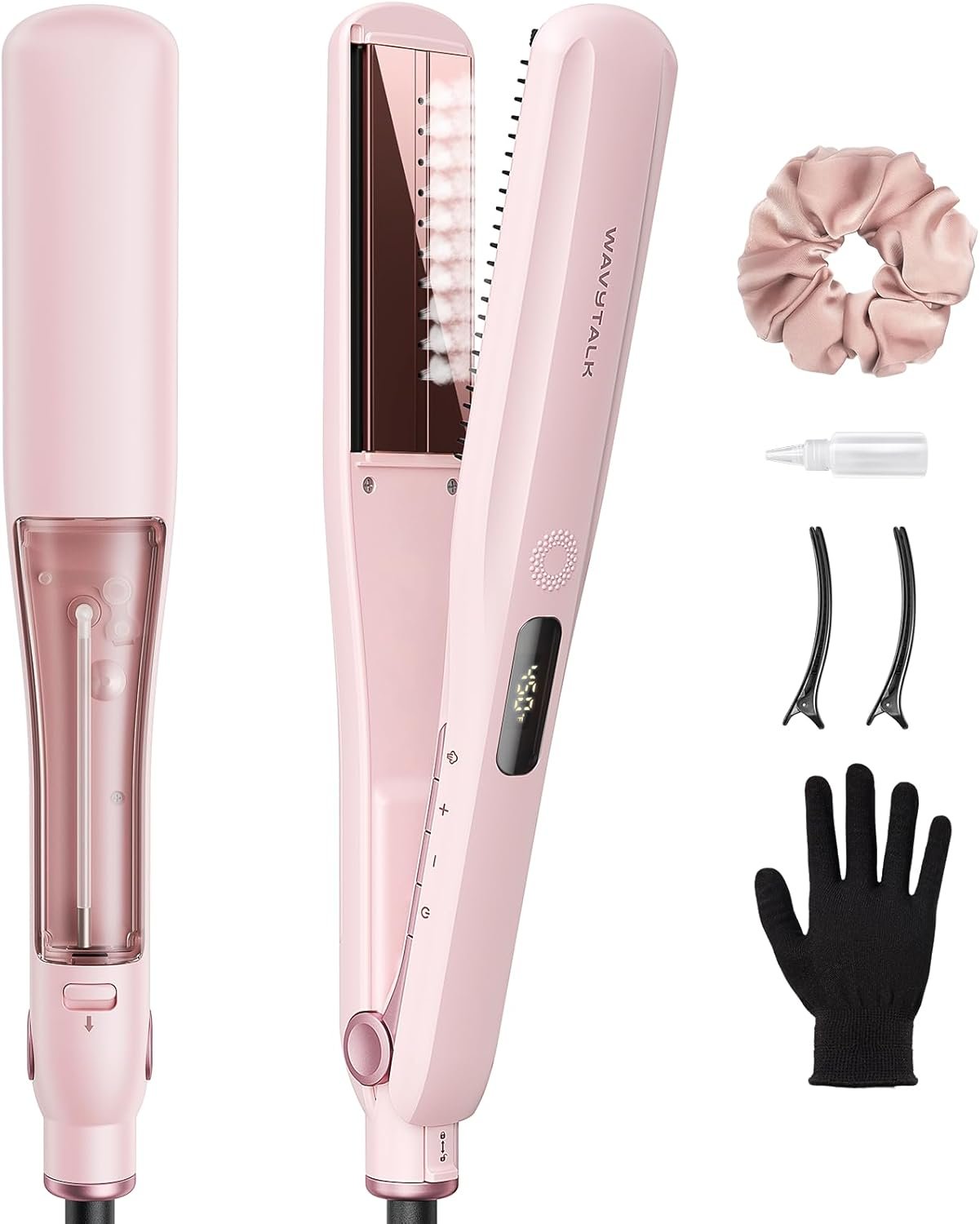 Wavytalk Steam Hair Straightener, Steam Sesh, Steam Reduces Damage, Nourishes Hair & Expedites Straightening, 1.38” Nano Titanium Flat Iron with Detachable Comb for Silk Press Smoothing, Sakura Pink