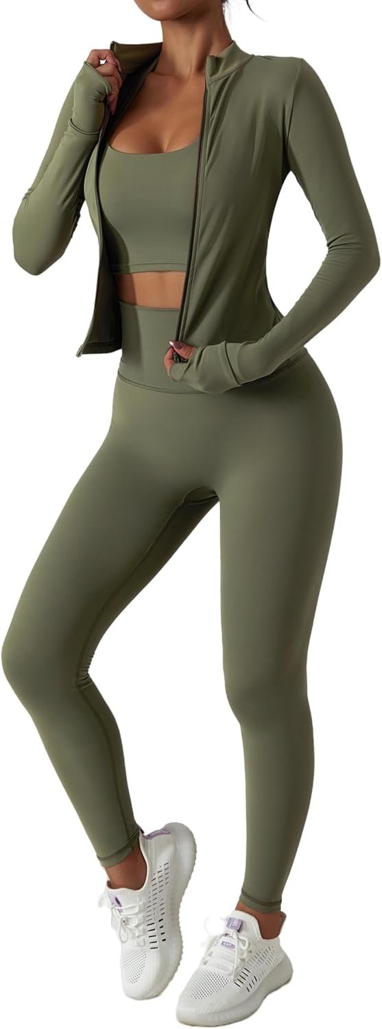 Yknktstc Women 2 Piece Tracksuit Zip Jacket High Waist Leggings | Full Zip Long Sleeve Jacket With Thumb Hole, High Waist Tummy Control & Butt Lift Leggings, Athletic Gym Yoga Outfit