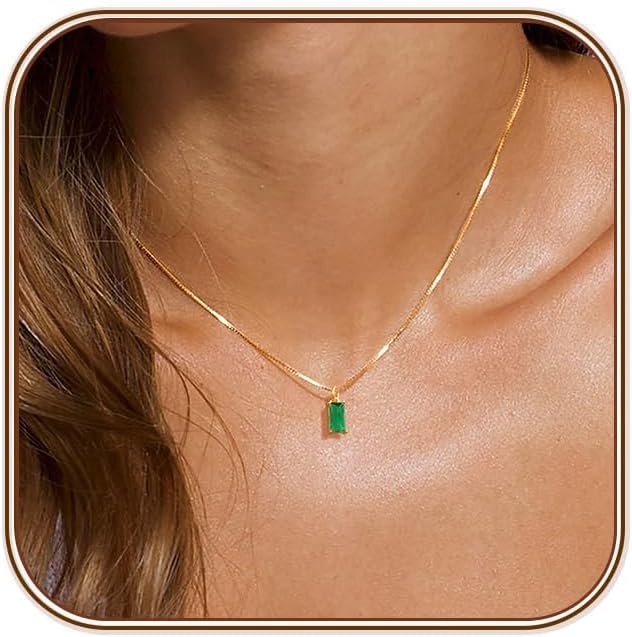 FUNEIA Diamond Necklaces for Women 14K Gold Plated Emerald Birthstone Necklace for Women Mothers Dainty Gold Necklace Blue Green Cubic Zirconia Pendant Necklace Birthday Gifts for Women Jewelry