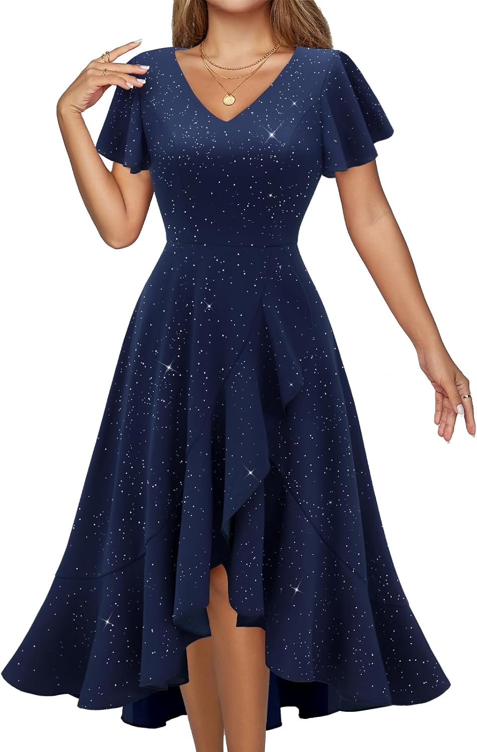 DRESSTELLS Women’s Cocktail Sparkly Dress, 2026 Formal Wedding Guest Dress | V Neck, Fit Flare, Sequin Bridesmaid Evening Gown