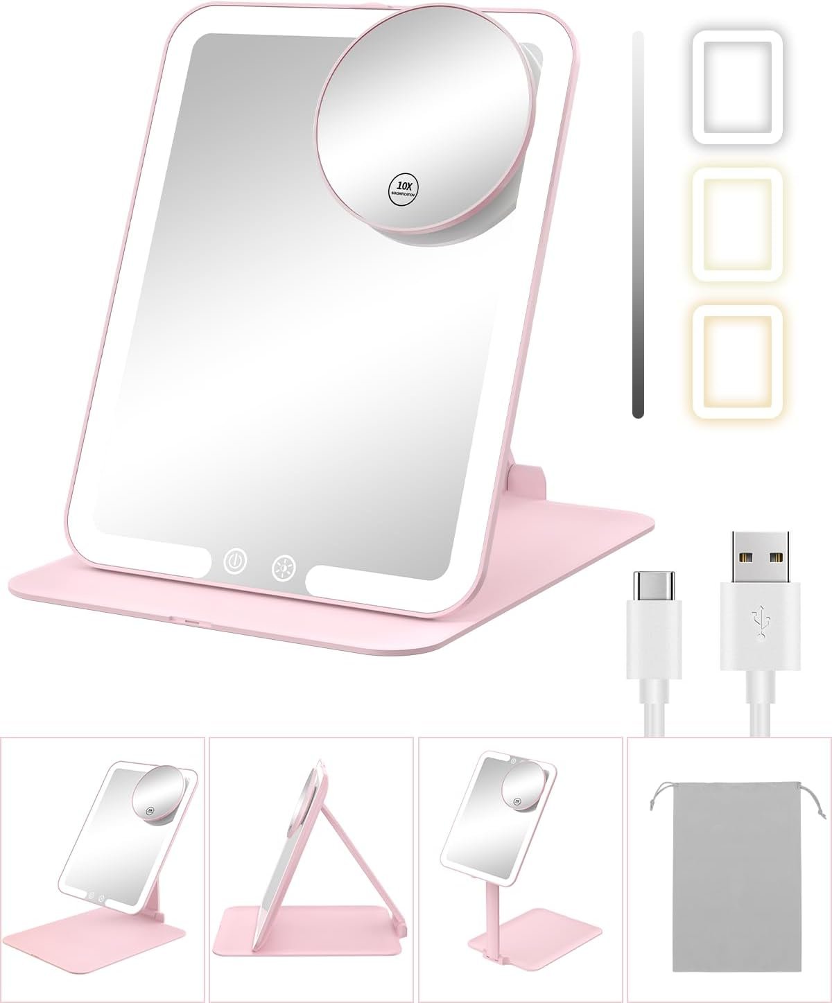 Gospire Travel Makeup Mirror with Lights and Magnification 10X, Portable Make Up Compact Tabletop Mirror with Adjustable Stand, 3 Colored Lights Rechargeable Lighted LED Vanity Mirror – Pink