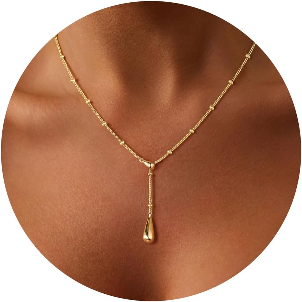 M MOOHAM Gold Necklace for Women, Dainty 14K Gold Plated Jewelry Gifts | Gold Plated Beaded Chain Small Pendant Necklace, Simple Pearl Circle Beads Teardrop Pendant, Women Trendy Jewelry Gifts