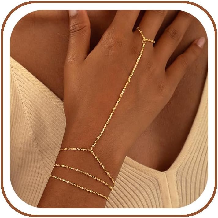 CHESKY 14K Gold Plated Hand Chain Bracelets for Women Stack Jewelry | Dainty Finger Ring Bracelet, Adjustable Hand Chains, Waterproof Beaded Gold Bracelets, Daily Body Jewelry Gift for Women