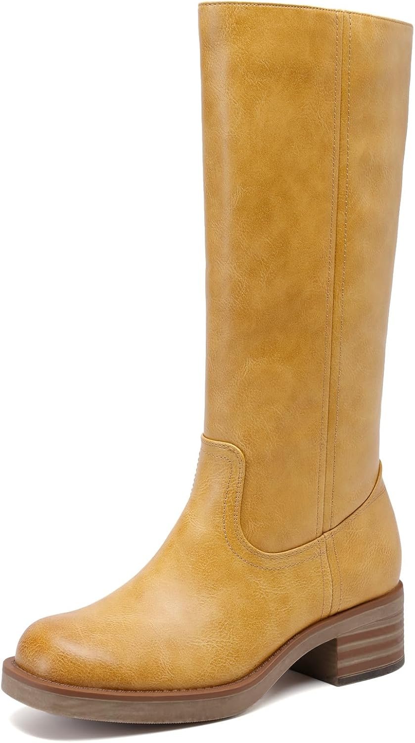 DREAM PAIRS Women’s Square Toe Platform Chunky Block Heel Knee High Riding Boots | Square Round Toe,Riding Tall Boots,Side Zipper,Chunky Block Heel,Banana Yellow Brown Color,Summer Fall Fashion Daily Boots