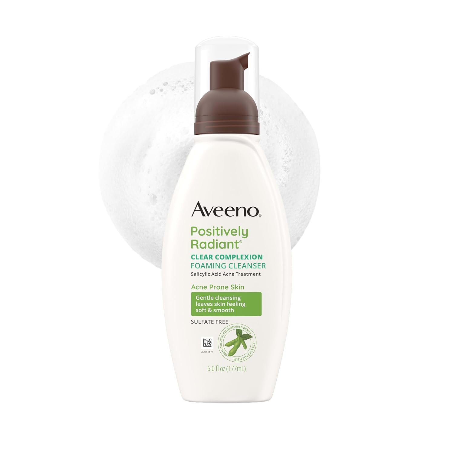 Aveeno Positively Radiant Clear Complexion Foaming Facial Cleanser, Oil-Free with Soy Extract & 0.5% Salicylic Acid, Hypoallergenic Acne Treatment Face Wash for Acne-Prone Skin, 6 Fl Oz