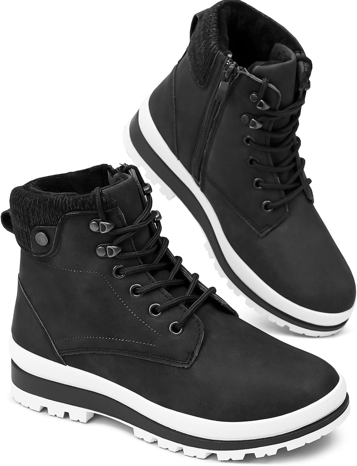 kufeiti Women’s Waterproof Fur Lined Winter Boots Platform Black Combat Non Slip Boots with Side Zipper Snow Ankle Boots for Outdoor Hiking Work
