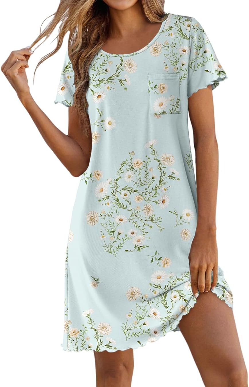 Ekouaer Bamboo Viscose Sleep Shirts for Women Short Sleeve Nightgowns | Ruffled Night Shirts with Chest Pocke Soft Night Gowns Cooling Sleepshirts Comfy Nightshirt Casual Sleepdress