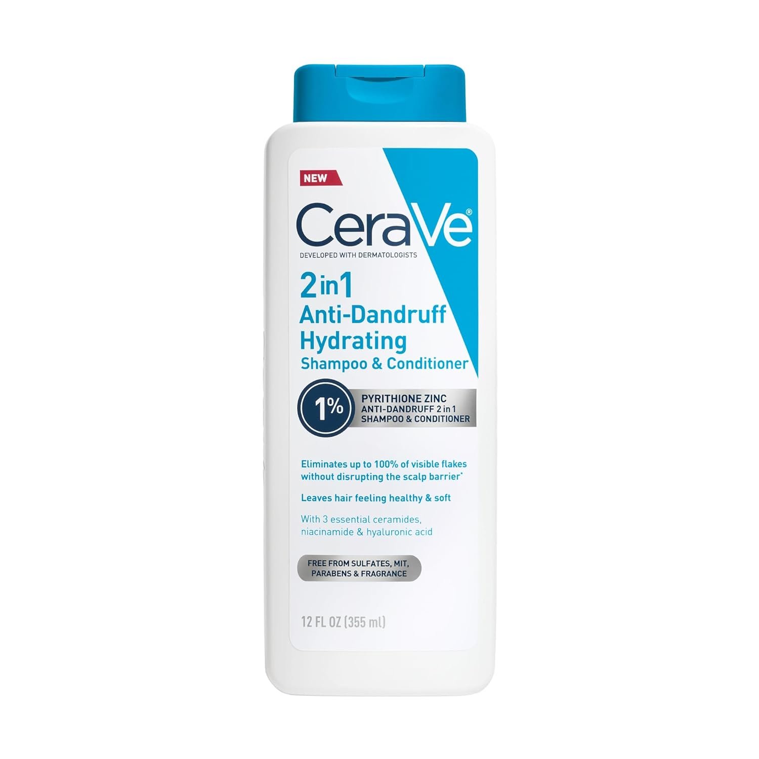 CeraVe 2 In 1 Hydrating Anti Dandruff Shampoo And Conditioner, 12 Fl Oz | 1% Pyrithione Zinc Dandruff Treatment Helps Eliminate Flakes and Relieve Itchy Scalp In A Sulfate-Free, Color-Safe Formula