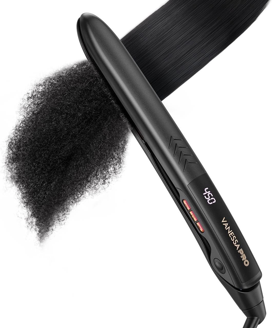 VANESSA PRO Flat Iron Hair Straightener, 100% Pure Titanium Flat Iron for One Pass to Achieve a Sleek Look, Curls Beautifully & Straightens Well – 1 inch