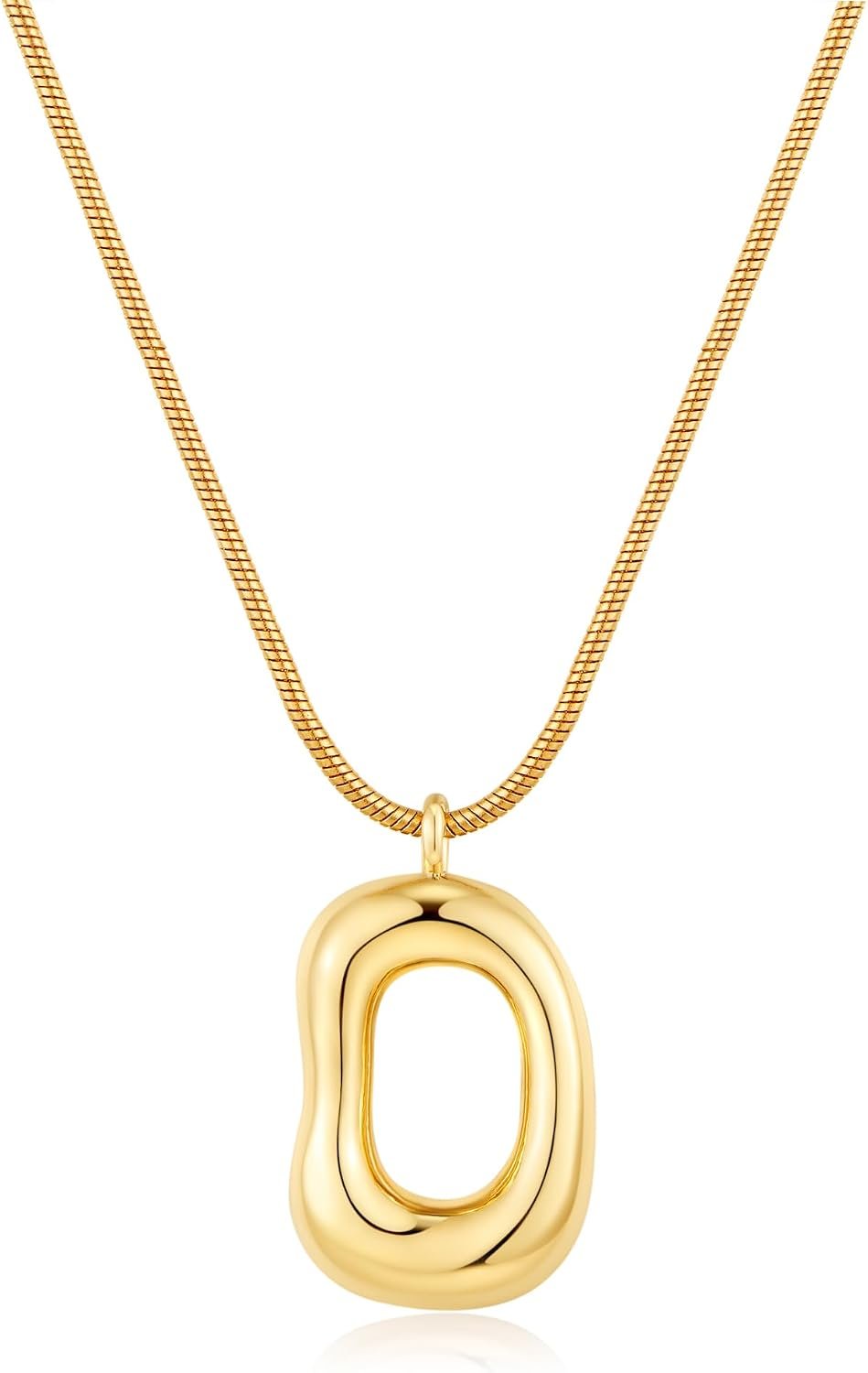 Gold Tone Irregular Oval Pendant Necklace for Women, Minimalist Chunky Snake Chain Necklace, Dainty 14K Gold Plated Statement Long Necklace