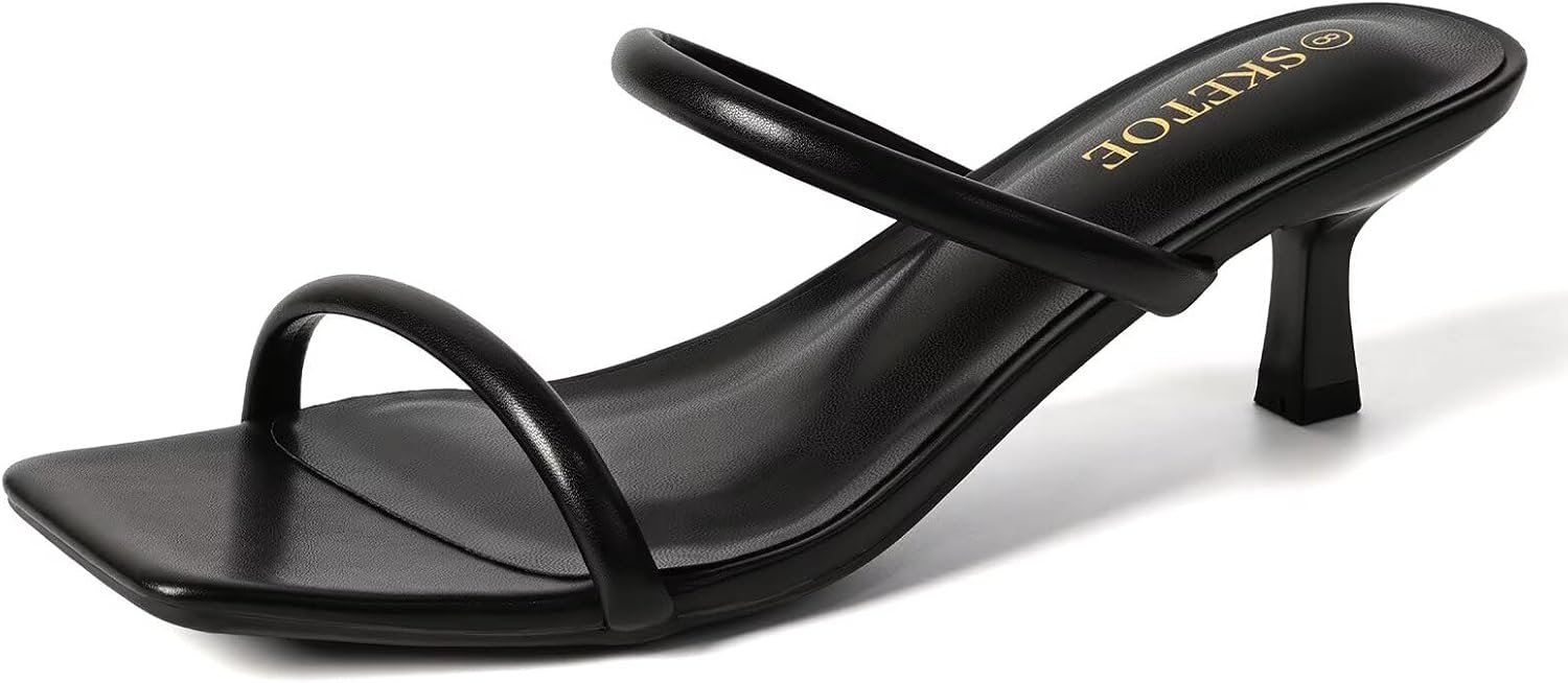 Kitten Heels for Women Two-Strap Open Toe Sandals Square Toe Heels