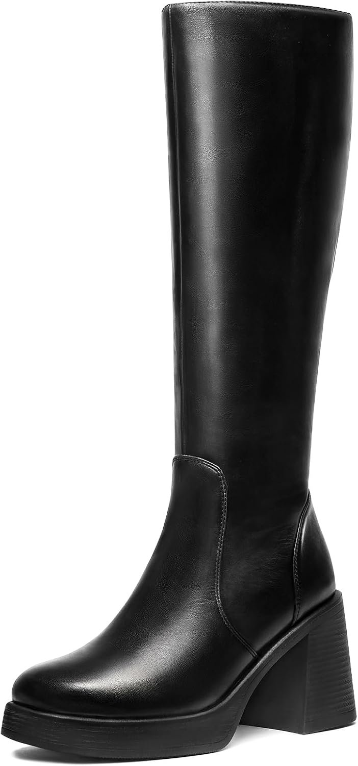 Choiran Knee High Boots for Women – Platform Chunky Square Toe Tall Boots with Block Heeled Side Zipper, Fashion Long Gogo Boots for Spring Fall