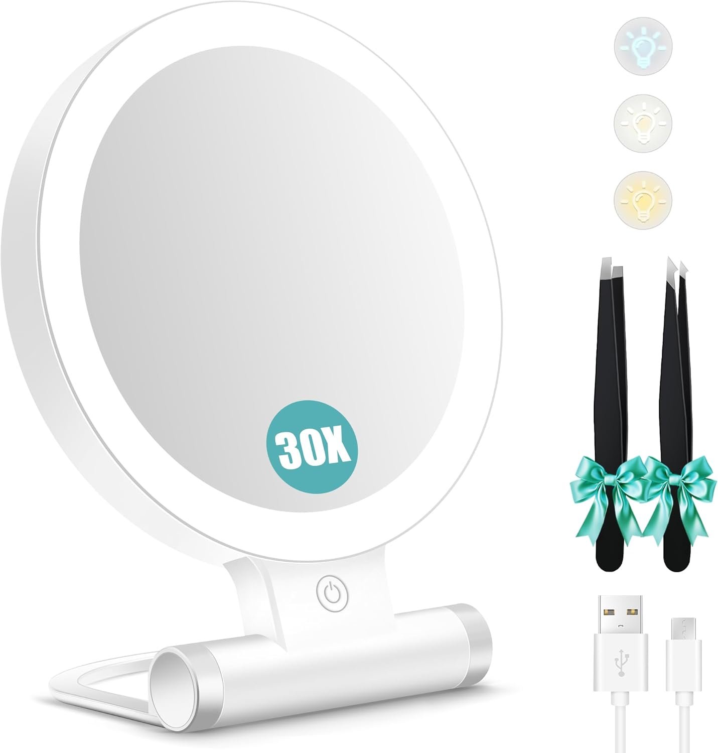 Magnifying Mirror with Light 30X, Double-Sided 1X/ 30X Magnifying Makeup Mirror with Tweezer, 2000mAh 3 Colour Modes with Adjustable Brightness,Foldable Travel Mirror(9″ L x 7″ W)