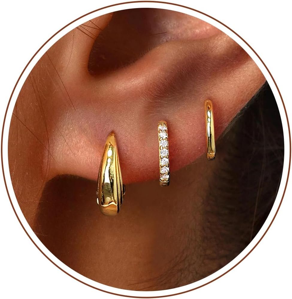 Small Sterling Silver Huggie Hoop Earrings Set for Women, Hypoallergenic 14K Gold Plated Hoops Stacks for Multiple Piercings, Dainty Cute Mini Lightweight Cartilage Studs Trendy Jewelry Gift