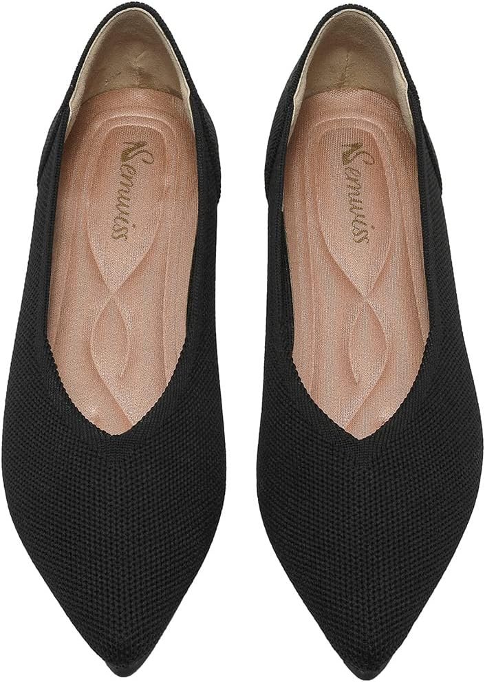 Semwiss Women’s Ballet Flats Comfortable Work Dressy Pointed Toe Shoes | Office-ready Comfort: Breathable Knit, Soft Memory Foam, Slip-on Lightweight, Foldable Flats for Business Casual & Formal