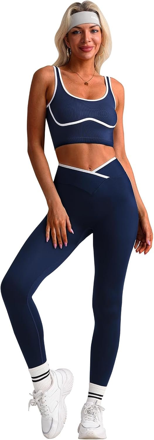 Women’s Contrast Color Seamless Workout Set High Waist Yoga Pants with Sports Tank Top, 2 Piece Athletic Gym Outfit