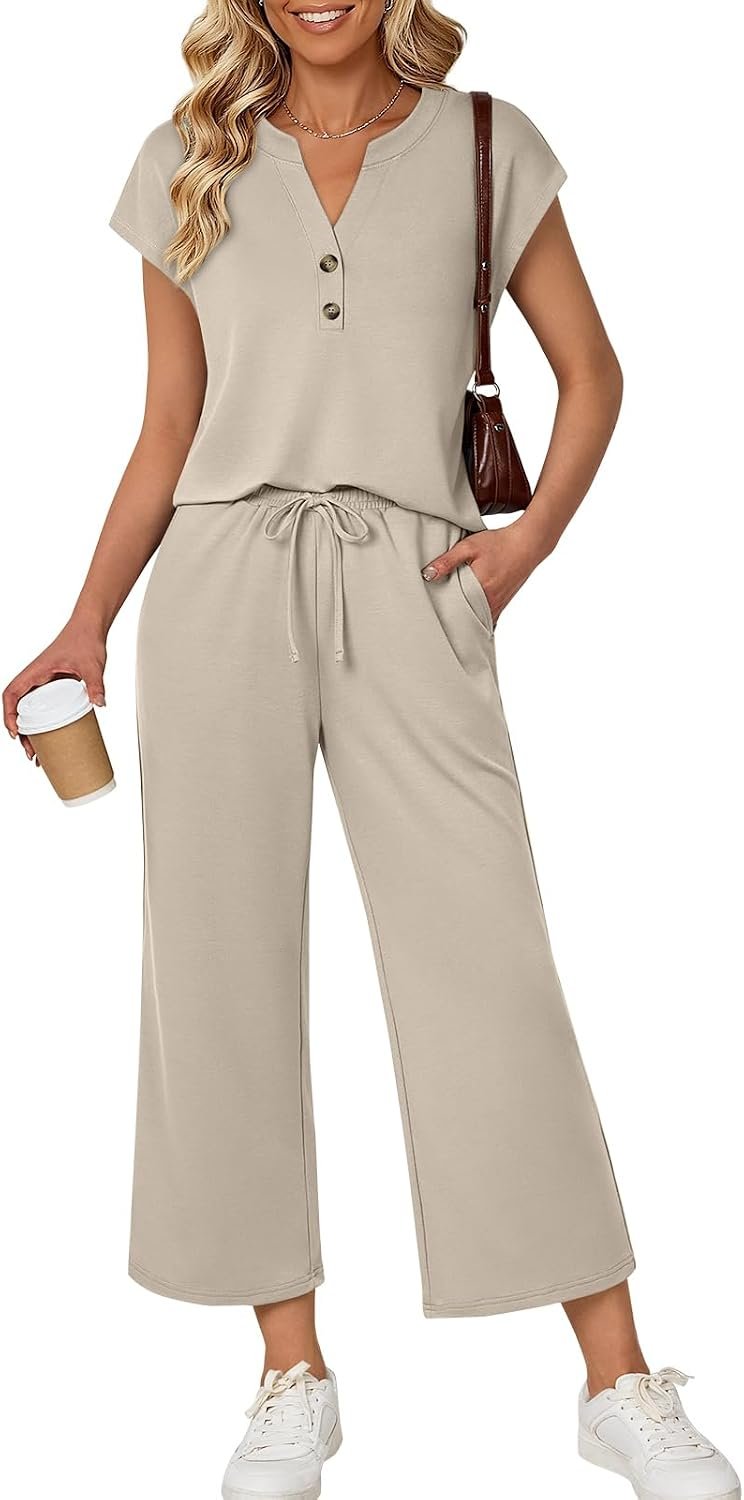 LILLUSORY Womens 2 Piece Lounge Sets Fall Outfits Henley Shirts & Pants | Vacation Travel Airport Clothes, Cute Loungewear, Summer Fashion 2026, Spring Cruise Beachwear