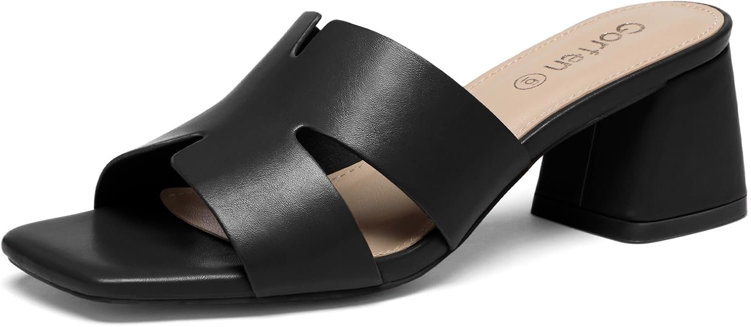 Women’s Square Open Toe Sandals Low Block Chunky Heel Slip on Comfortable Casual Sandals for Daily Wear
