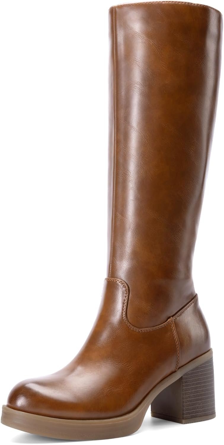 DREAM PAIRS Womens Knee High Round Toe Platform Boots | 2.76″ Block Heel, 5mm Cushioned Insole, Side Zipper, Elastic Panel, Versatile for Everyday Wear