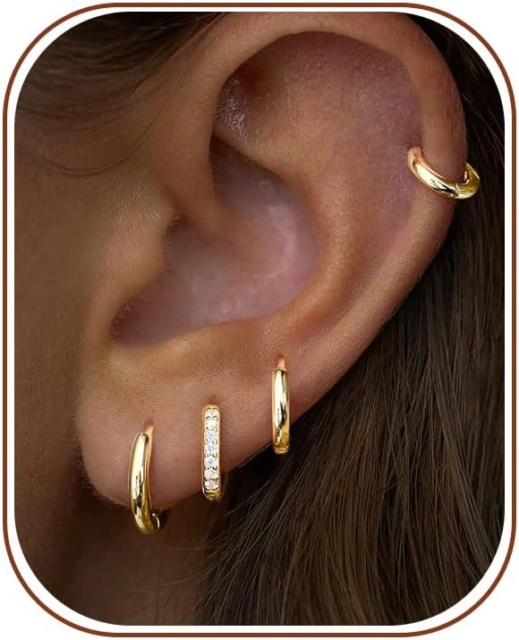 Small Gold Huggie Hoop Earrings Set for Women Men Hypoallergenic 14K Plated Stack Cartilage Earrings, Sterling Silver Multiple Piercing Lightweight Mini Thin Cute Dainty Trendy Jewelry Gifts for Women