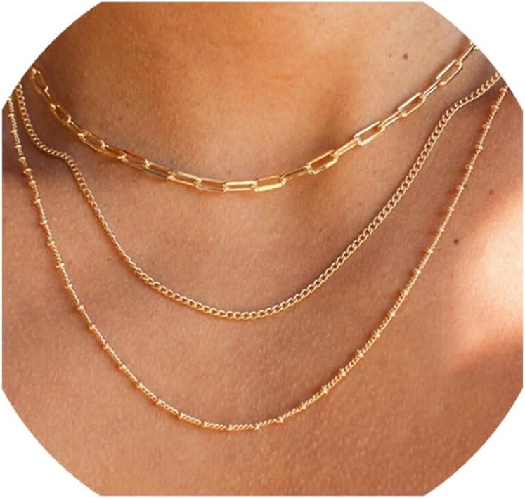 CONRAN KREMIX Waterproof Gold Necklace Layered Necklaces for Women Non Tarnish,14k Gold Plated Stainless Steel Dainty Stack Thin Chain Necklace Set for Women Gifts Jewelry