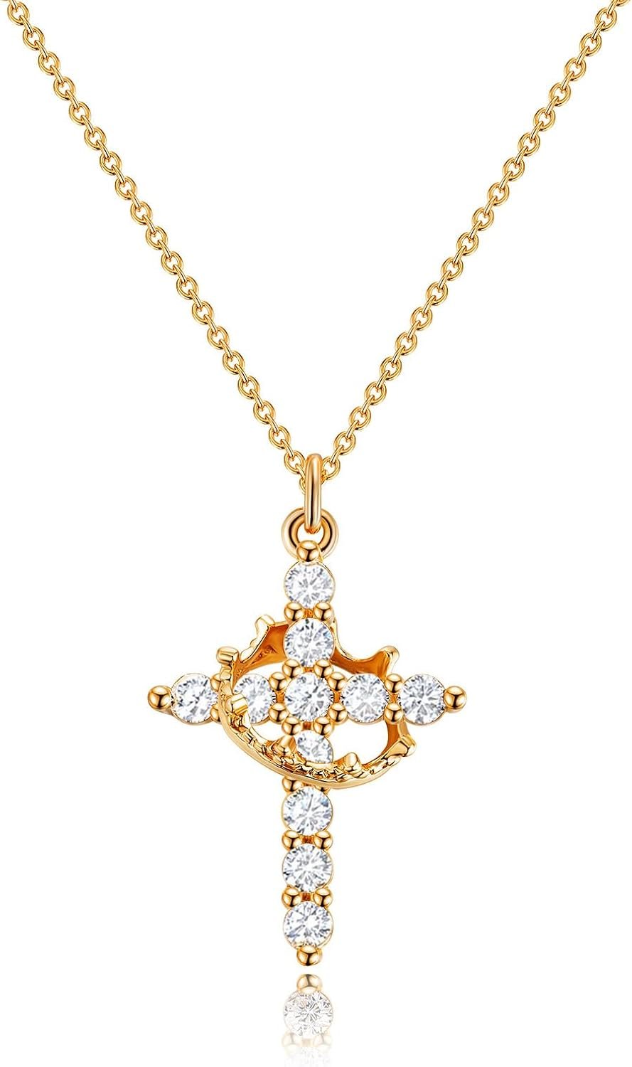 Robaice Upgraded Crown Cross Necklace for Women, 14K Gold Plated | Non-Tarnish Dainty Christian faith pendant for Gifting, first communion, baptism, birthdays and everyday wear