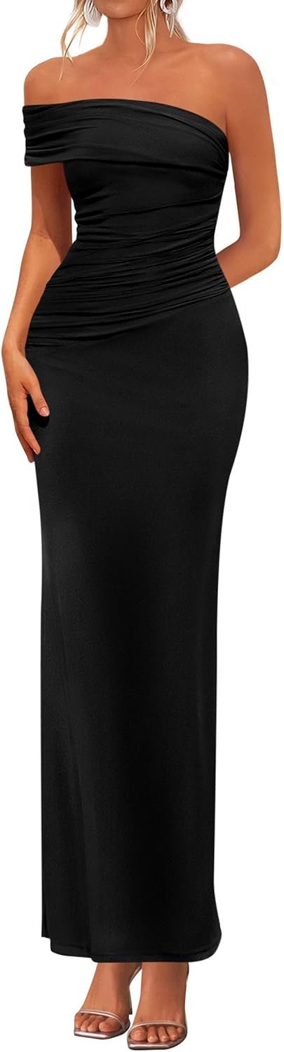 PRETTYGARDEN Women’s Semi Formal One Off Shoulder Dresses | Sleeveless Strapless,Asymmetrical Ruched,Bodycon Fitted,Back Slit,Elegant Maxi Long,Wedding Guest Cocktail,Summer Clothes