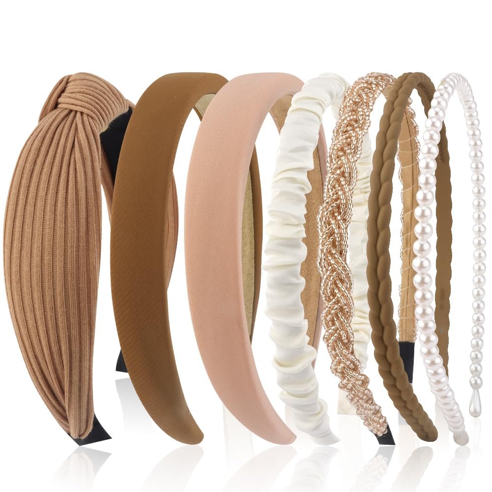 AHONEY 7 Pack Headbands for Women Girls Headbands Trendy Hair Accessories | Non Slip Hairbands Fashion Multi-style Headband Pack Diademas Para Mujer (Neutral)