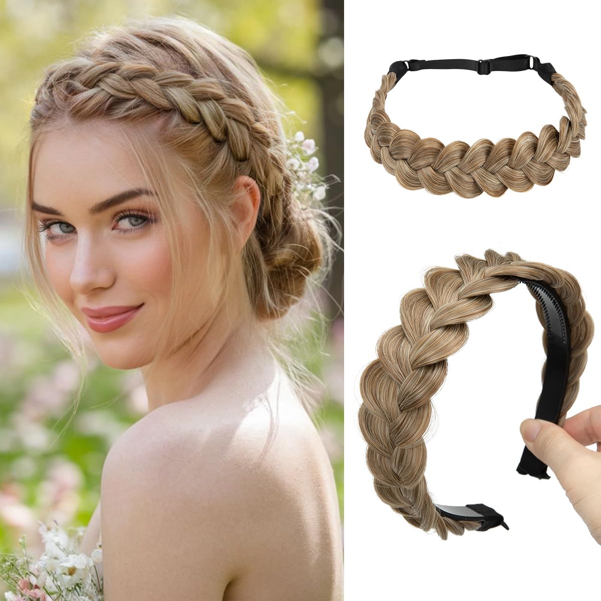 2PCs Braided Headbands Hair Piece for Women Synthetic Hair Hoops Head Bands Handmade Braid Hairband Accessories Elastic Stretch Headwrap Sahara Beige