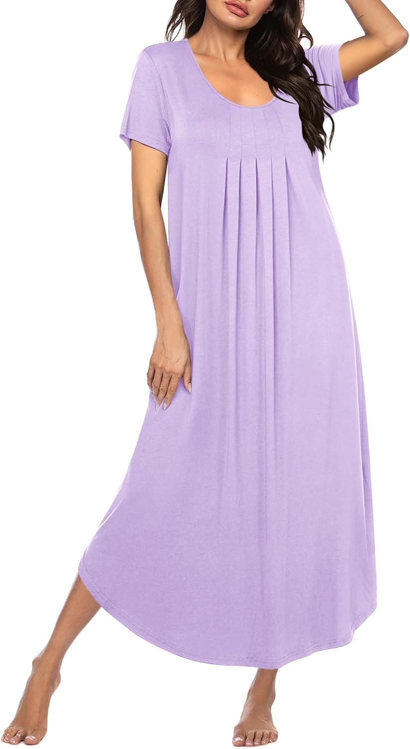 Ekouaer Long Nightgowns for Women Plus Size House Dress Short Sleeve Night Gown Pleated Full Length Loungwear S-4XL