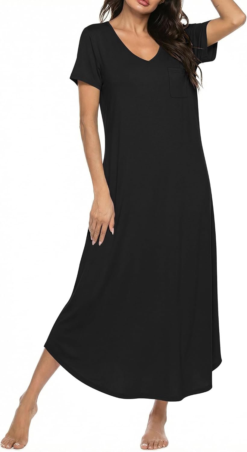 Ekouaer Long Nightgowns for Women Bamboo Viscose Short Sleeve Sleepshirt | Soft, Breathable, Moisture-Wicking Night Gown, V Neck House Dress, Elegant Coverage for Sleep, Lounging, Ease Care