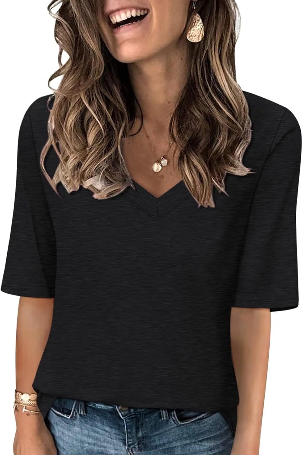 TICTICMISS Womens V Neck T Shirts Half Sleeve Tops Casual Solid Summer Tees | Cotton Blend, Not Clingy, Elbow Sleeve, Loose Fit, All Season, Layering, Easy Care, Vacation, Work, Daily, Casual Outfits