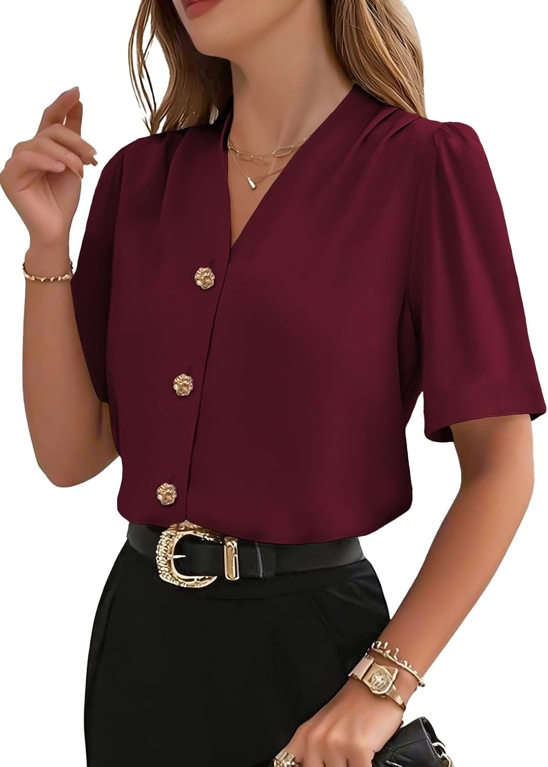 EVALESS Business Casual Tops for Women Button Down Shirts | Summer Pleated V Neck Work Dressy Blouses,Short Sleeve,Office Interview Professional Formal Outfits