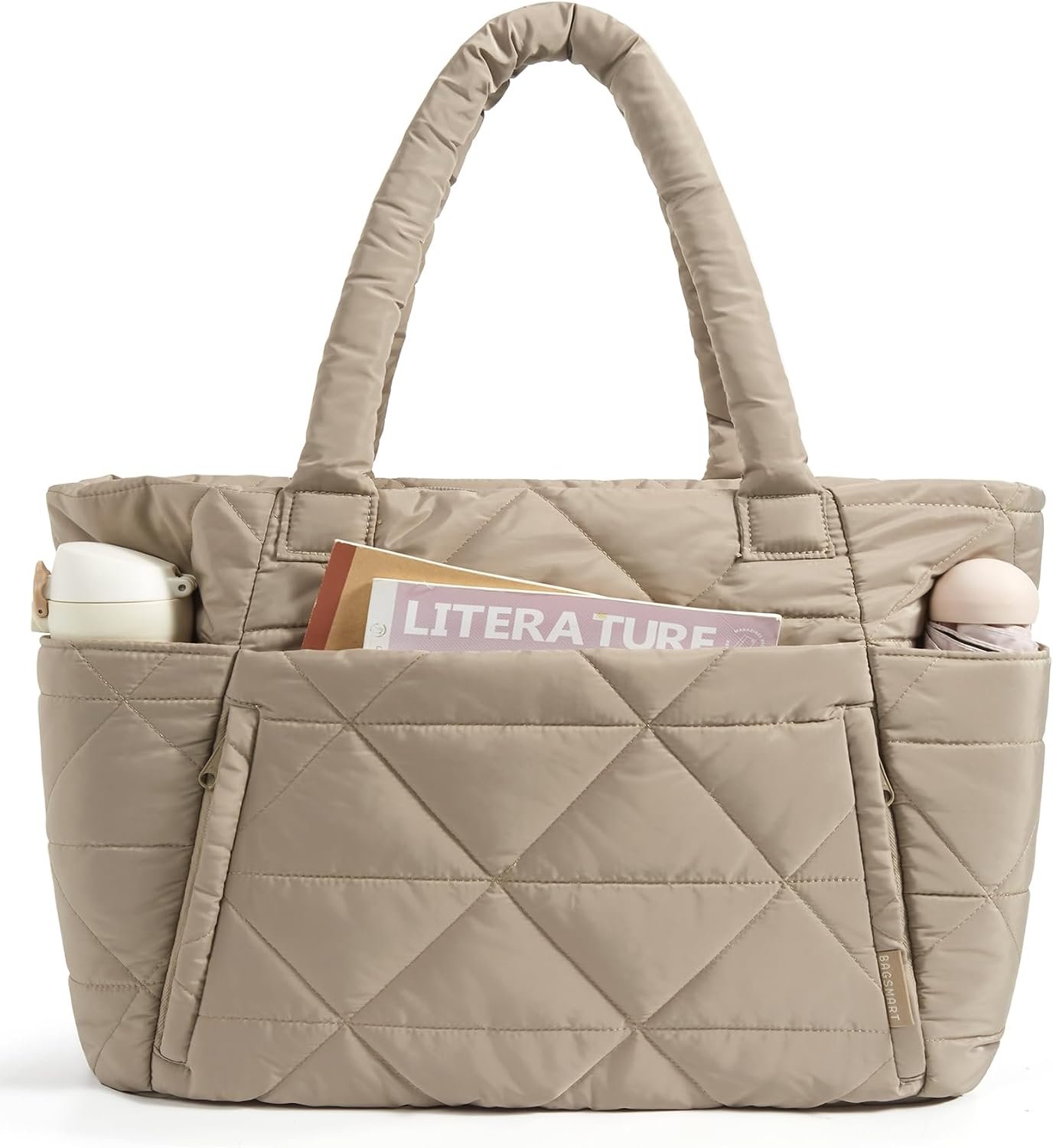 BAGSMART Tote Bag for Women, Puffer Tote Bag with Zipper, Large Quilted Shoulder Bag with Compartments for Travel, Work, Gym