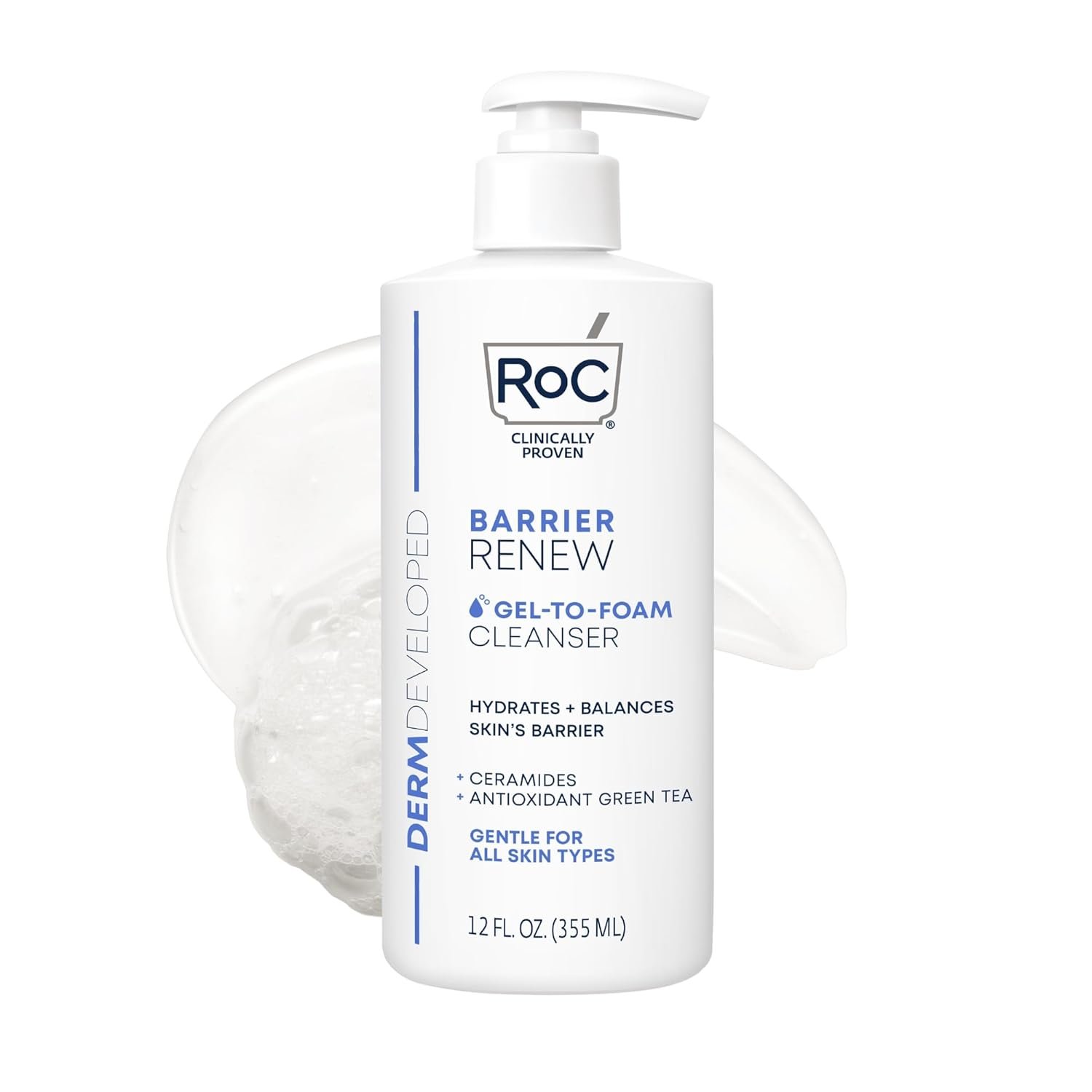 RoC Barrier Renew Gel to Foam Non Drying Foaming Facial Cleanser to Hydrate Skin, facial cleanser for sensitive skin, 12 Ounces