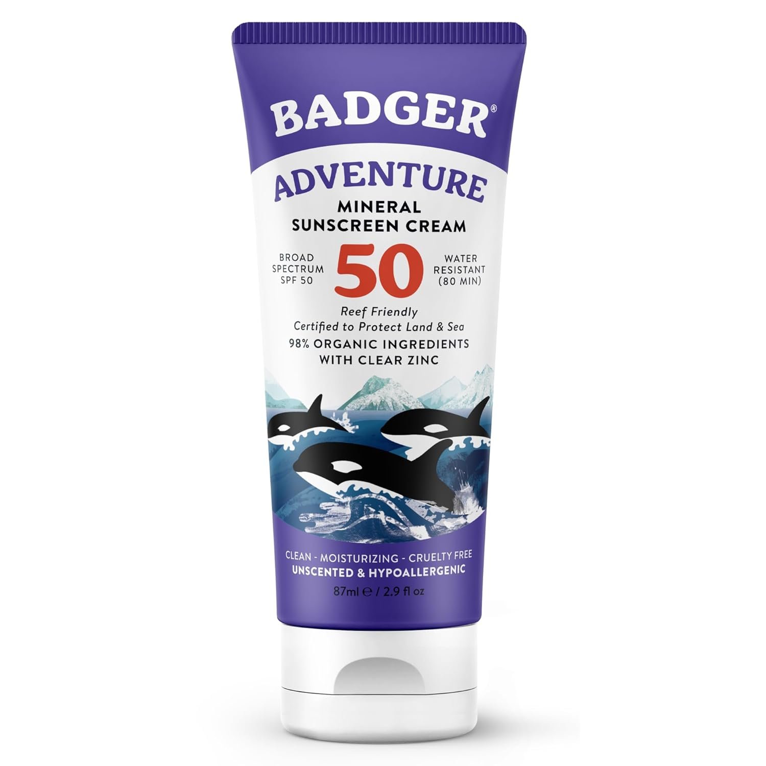 Badger Reef Safe Mineral Sunscreen, SPF 50, 98% Organic with Zinc Oxide, Non Toxic, Water Resistant, Unscented & Hypoallergenic, Broad – Spectrum, For Adventure & Sport, 2.9 fl oz