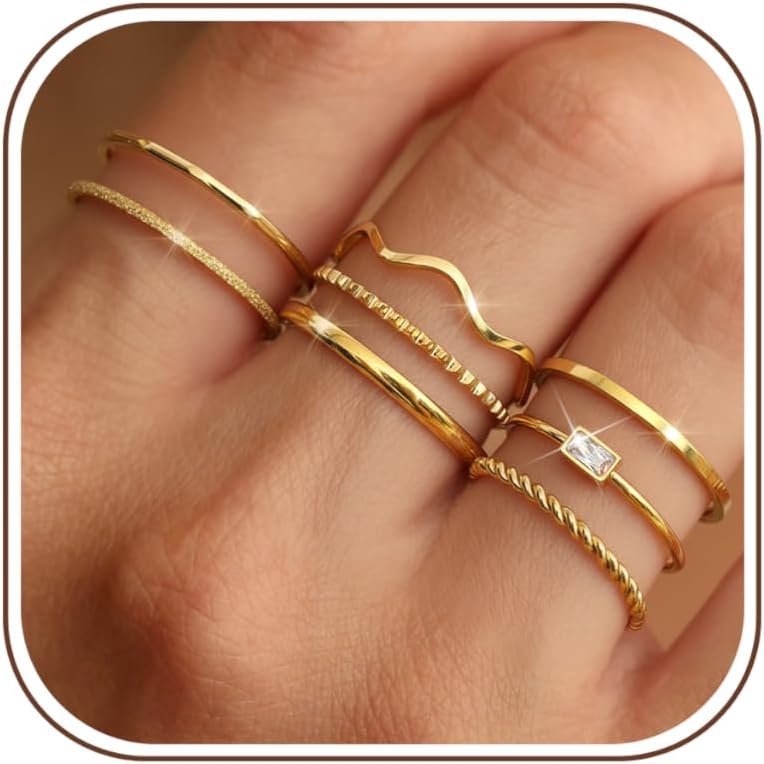 THUNARAZ 8Pcs Stackable Rings for Women Non Tarnish 14K Gold Plated Stainless Steel Dainty Rings Set Minimalist Thin Thumb Ring Cubic Zirconia Wave Statement Ring Bands for Women Size 5-10