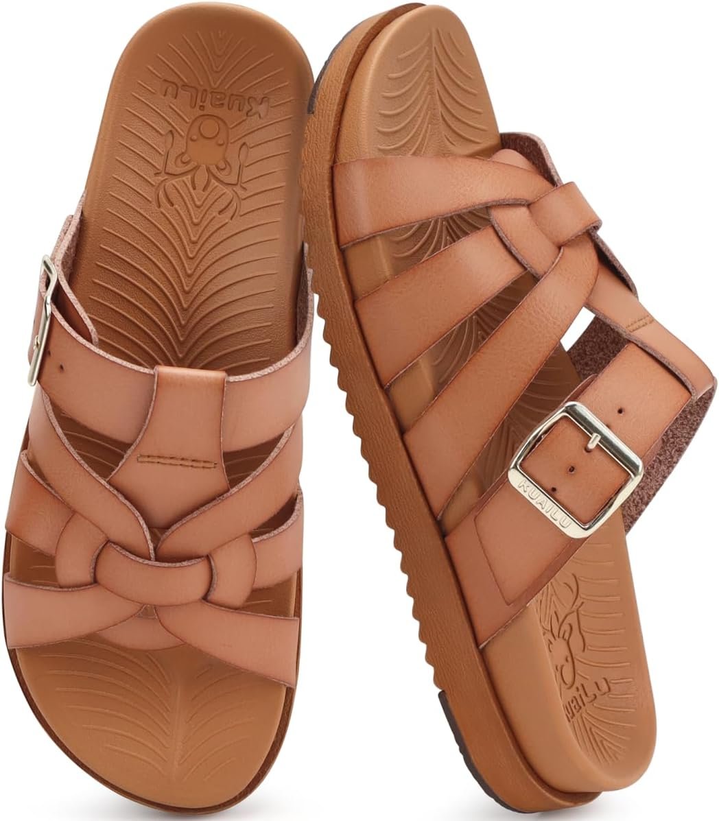 KuaiLu Gladiator Sandals for Women with Comfortable Arch Support | Summer Beach Walking Fisherman Slides Boho Outfits Flats Slip on Cushion Shoes Indoor Outdoor