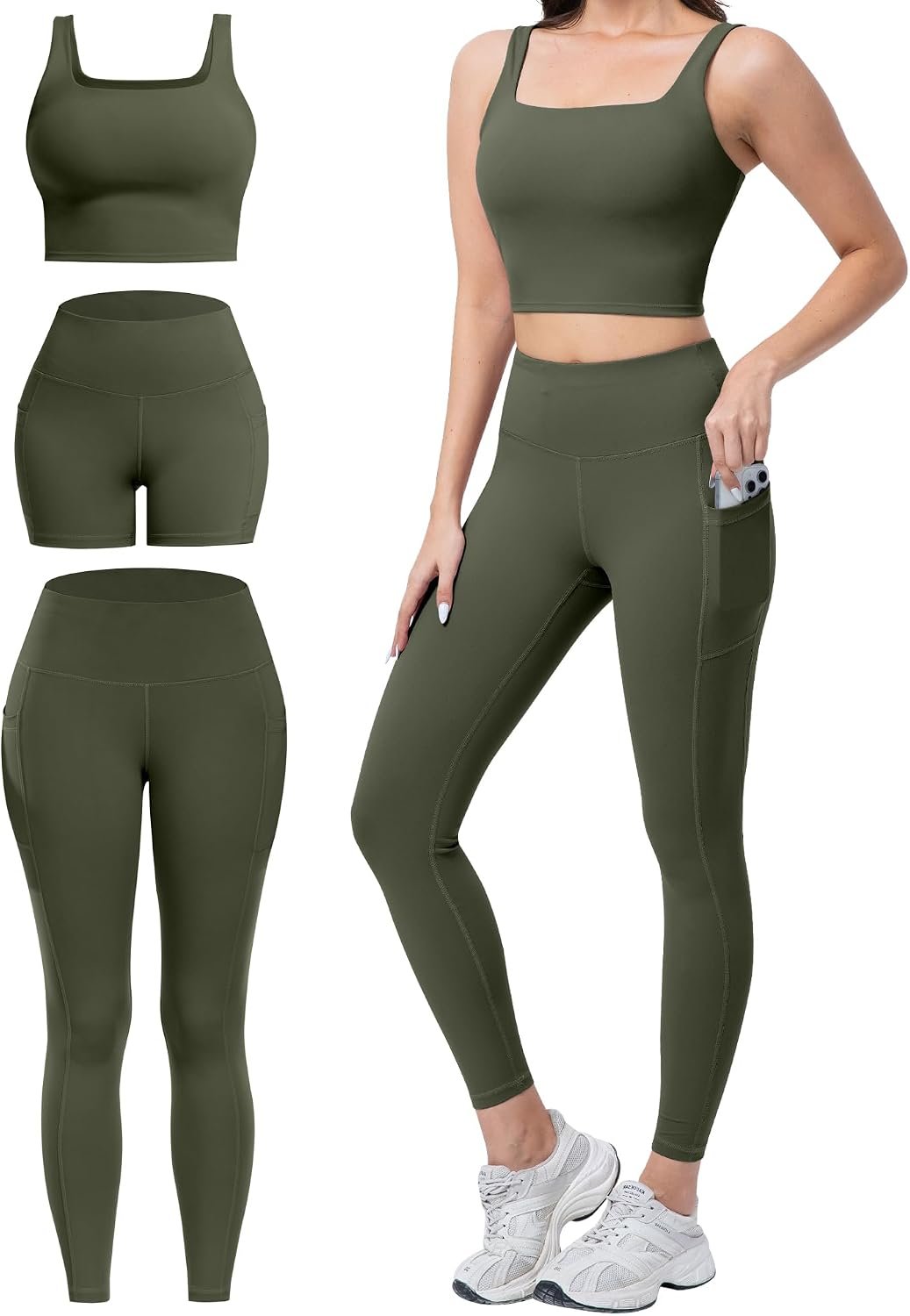 3 Piece Workout Sets for Women High Waisted Leggings with Pockets Tummy Control Biker Shorts Yoga Sports Bra