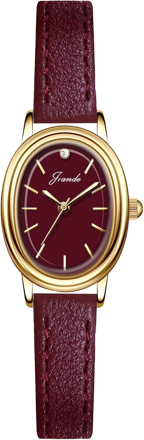 MASTOP Vintage Women’s Leather Wrist Watch – Small Gold Oval Square Case | Minimalist Analog Quartz, Easy to Read ,Red Dainty Petite Ladies Watch