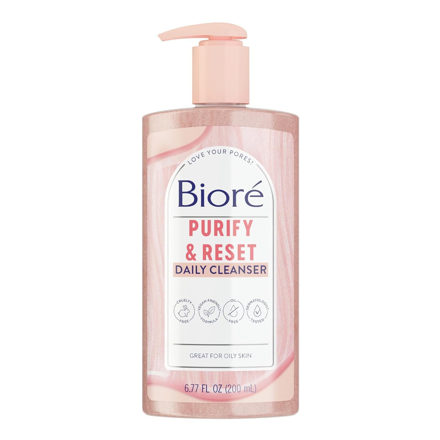 Biore Rose Quartz + Charcoal Daily Purifying Cleanser, Oil Free, 6.77 Oz | Dermatologist Tested, Cruelty Free, Removes Impurities, Energizes Complexion, Fresh Clean Feel