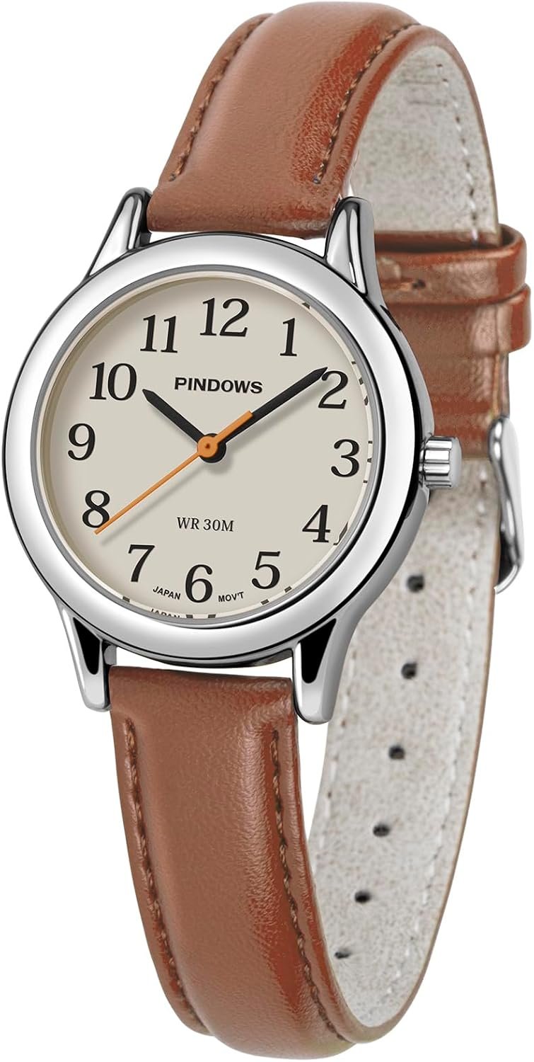 PINDOWS Small Analog Watches for Women, Ladies, Minimalist Leather Band | 8 millimeters case, fits 6.0-8.3 inch wrists, full luminous dial, large clear Arabic numerals, reliable quartz movement