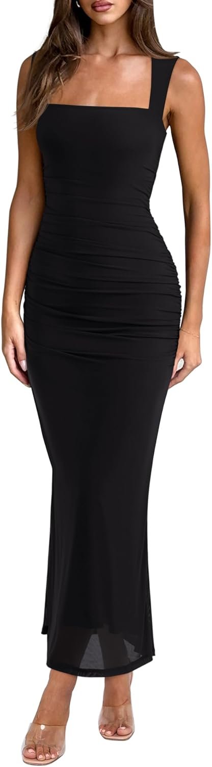 REORIA Summer Wedding Guest Maxi Dresses for Women | Sleeveless,Square Neck,Sheer Mesh,Ruched,Slim,Bodycon,Formal,Elegant Long Dress,Cocktail,Club Nightout,2026 Trendy Clothes