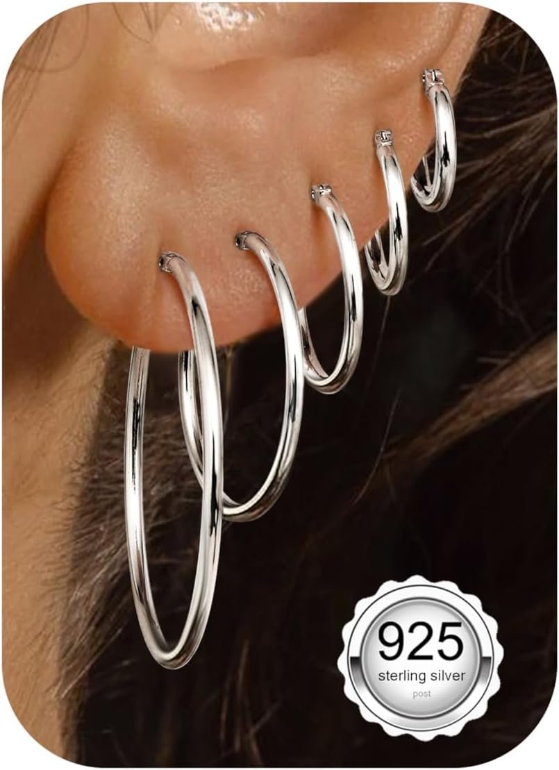 5 Pairs 925 Sterling Silver Hoop Post Earrings for Women-Small 14K Gold Silver Hoops Earrings,Hypoallergenic Silver Hoop Earring for Women-Medium Big Hoops Stack Earring 10/14/20/30/40mm