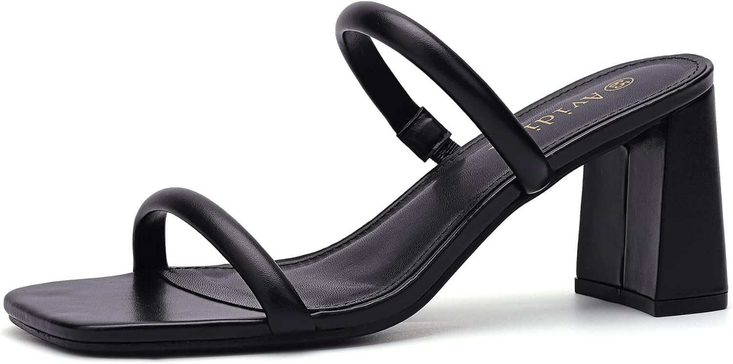 Avidirk Women’s Square Open Toe Heeled Sandals Two Strap Mules Slip On Block Chunky Mid Heels Sandals