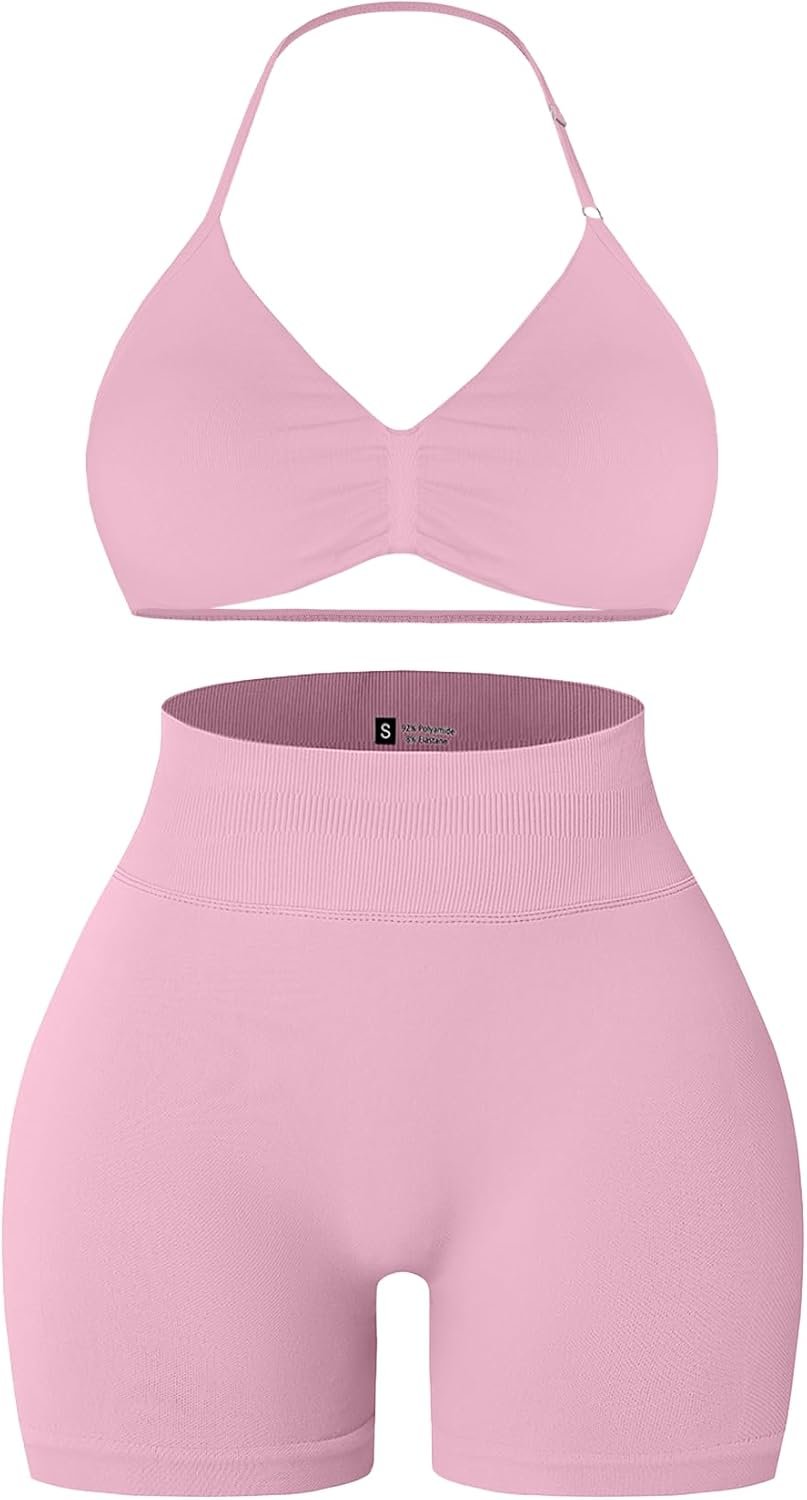 Comper 2 Piece Workout Sets for Women Halter Strappy Sports Bra with Seamless Ribbed Gym Yoga shorts Outfits