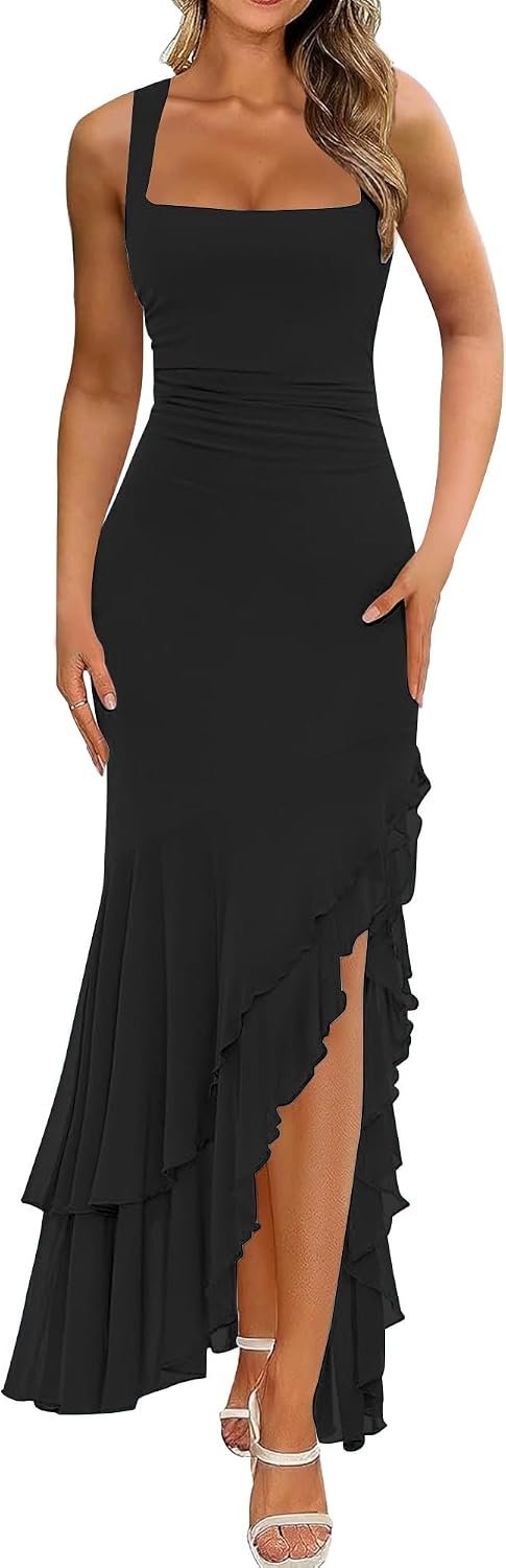 BORIFLORS Women’s Elegant Bodycon Ruched Maxi Cocktail Dress | Wedding Guest Dresses, Square Neck, Sleeveless, Mermaid Ruffle, Homecoming Party, Long Dresses