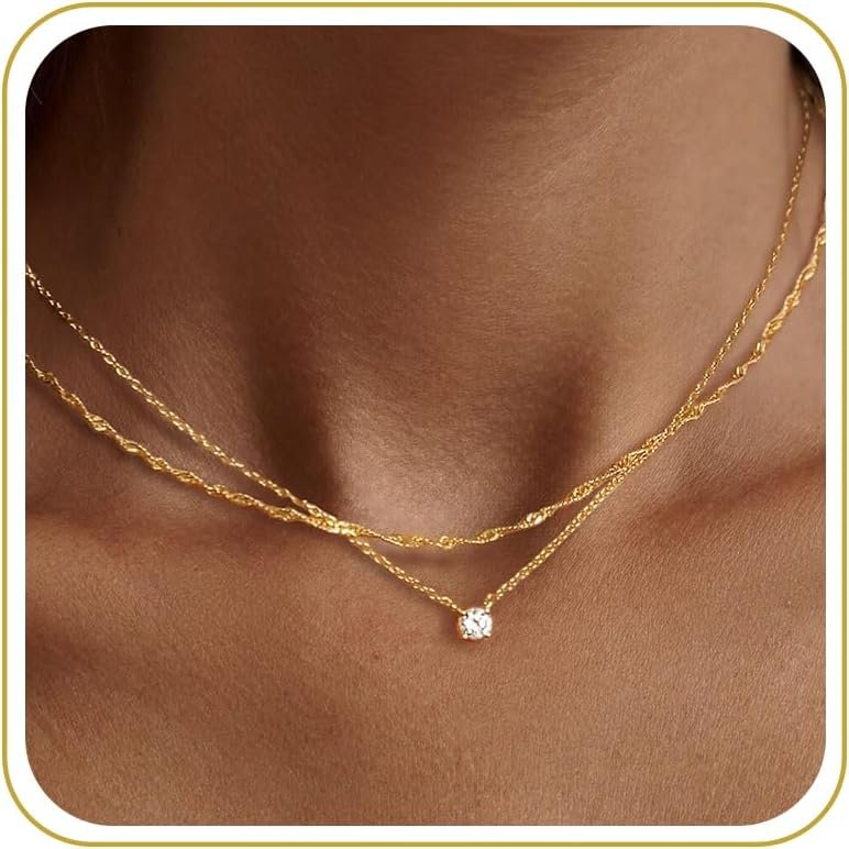 Tewiky Dainty 14k Gold Plated/Silver Cubic Zirconia Necklaces for Women, Simple CZ Jewelry Necklaces Trendy Gifts