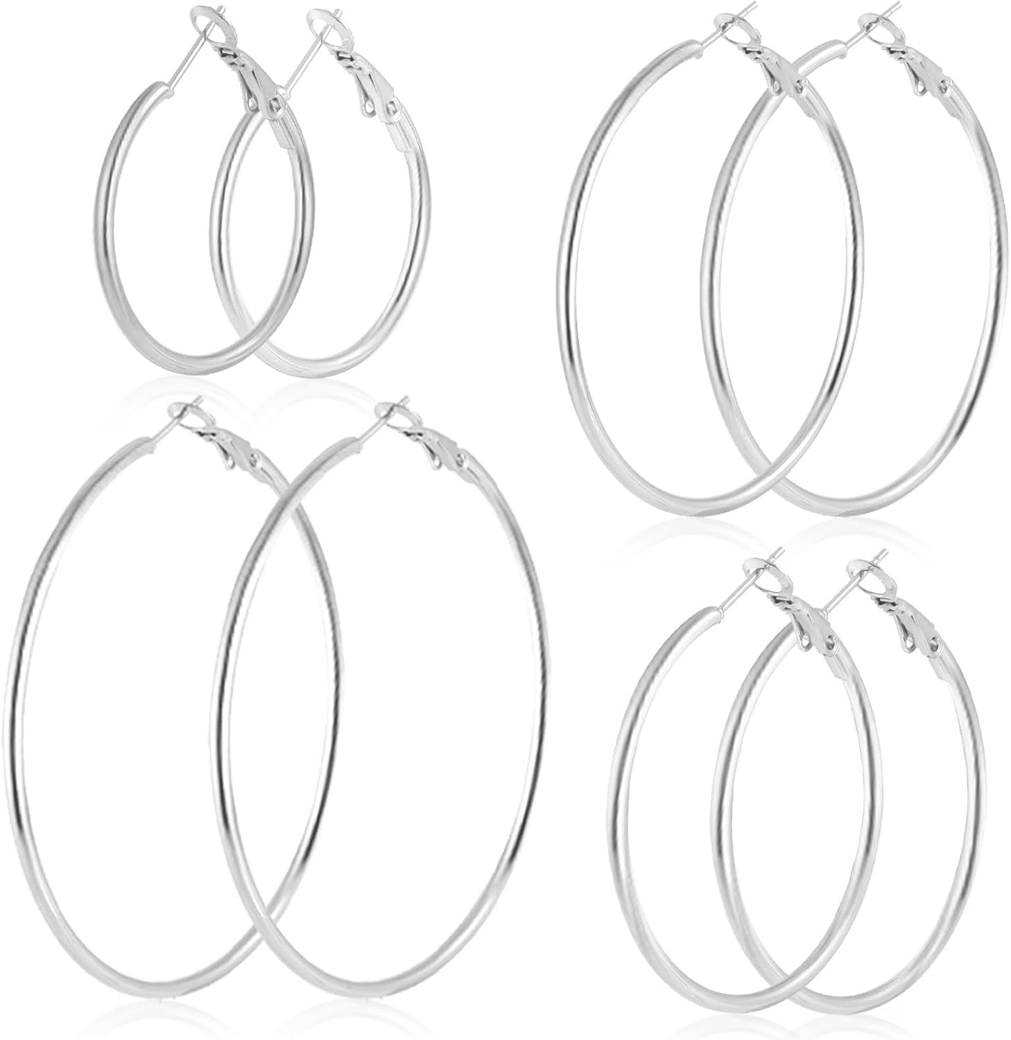 4 Pairs Stainless Steel Hoop Earrings Set for Women Hypoallergenic | Hypoallergenic, 30 40 50 60 mm, Small Medium Large Size, Thin, Lightweight