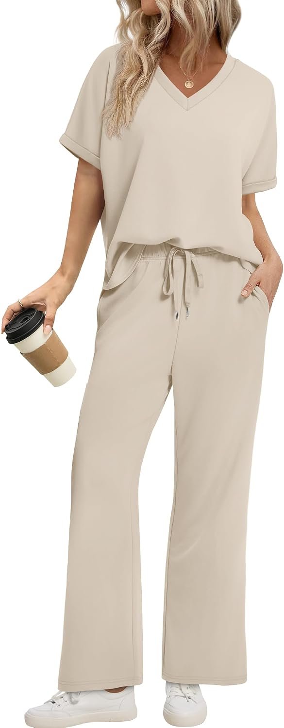 Sampeel Lounge Sets for Women V Neck Turn-UP Sleeves Tops Wide Leg Pants 2 Piece Sets Oversized Summer Vacation Outfits 2026